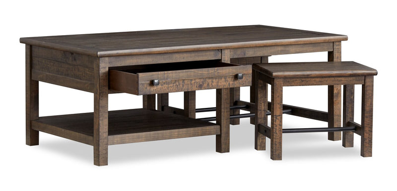 Table à café Edwin de 52 po en pin champêtre avec rangement et tabourets - brun champêtre