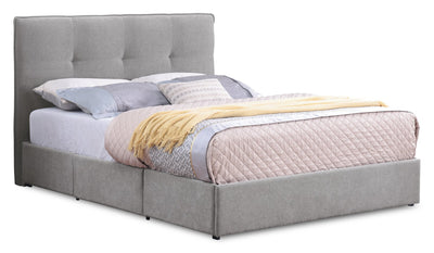 Amos Upholstered Storage Bed in Grey Fabric with Tufted Headboard & 3 Built-in Drawers - King Size | Lit de rangement Amos rembourré en tissu gris avec tête de lit capitonnée et 3 tiroirs intégrés - format très grand lit