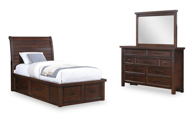 Sonoma 5pc Bedroom Set with Two-Sided Storage Bed, Dresser & Mirror, Mango Brown - Twin Size | Ensemble de chambre à coucher Sonoma 5 pièces avec lit de rangement des 2 côtés, commode et miroir, brun manguier - format lit simple