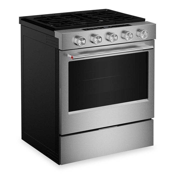 Cuisinière intelligente à gaz encastrée KitchenAid de 5,0 pi3 et de 30 po avec modes par convection - acier inoxydable résistant aux traces de doigts - KSGS330SPS