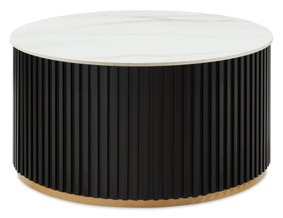 Kort & Co. Capri 32” Modern Round Coffee Table with White Sintered Stone Top and Casters - Black and Gold | Table à café ronde moderne Capri de Kort & Co. de 32 po avec dessus en pierre frittée blanche et roulettes - noire et dorée
