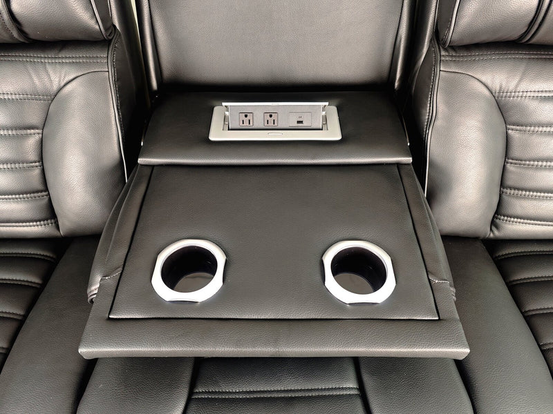 Sofa sectionnel à inclinaison électrique Zen 3 pièces en tissu d’apparence cuir avec massage, console rabattable et compartiment réfrigéré - noir