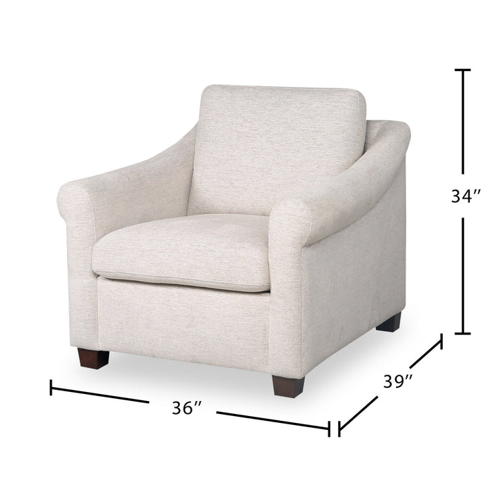 Fauteuil Mallie de 36 po en tissu de chenille avec accoudoirs enroulés et pattes en bois - blanc coquillage