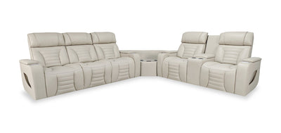 Zen 3-Piece Leather-Look Fabric Power Reclining Sectional with Massage, Drop-Down Console and Refrigerator - Apricot | Sofa sectionnel à inclinaison électrique Zen 3 pièces en similicuir avec massage, console rabattable et compartiment réfrigéré - abricot