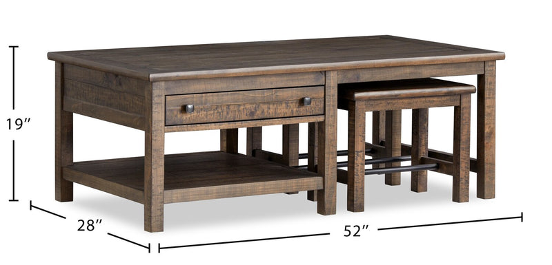 Table à café Edwin de 52 po en pin champêtre avec rangement et tabourets - brun champêtre