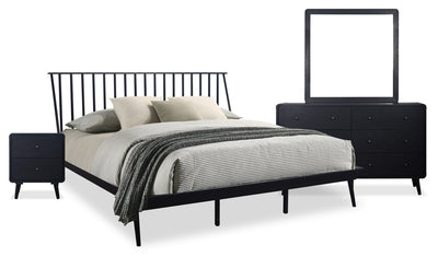 Milan 6pc Bedroom Set with Bed, Dresser, Mirror & Nightstand, Mid-Century Modern, Black - King Size | Ensemble de chambre à coucher Milan 6 pièces de style moderne du milieu du 20e siècle avec lit, commode, miroir et table de nuit, noir - très grand lit