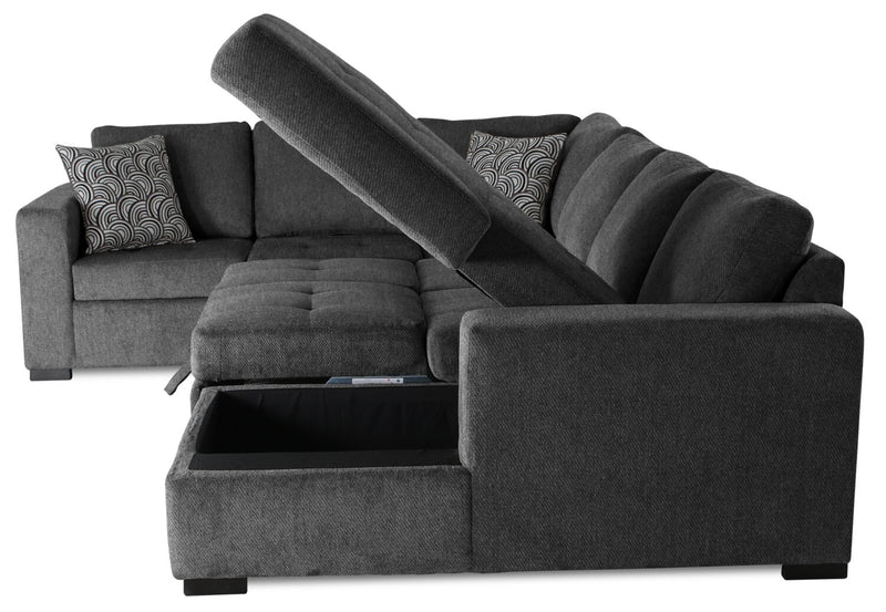 Sofa-lit sectionnel de droite Legend 4 pièces fabriqué au Canada en tissu de chenille avec fauteuil long de rangement - gris poivre