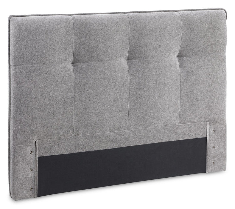 Lit plateforme Amos rembourré en tissu gris avec tête de lit capitonnée - format lit double