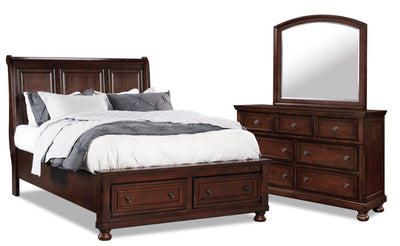 Chelsea 5pc Bedroom Set with Storage Bed, Dresser & Mirror, Cherry Brown - Queen Size | Ensemble de chambre à coucher Chelsea 5 pièces avec lit de rangement, commode et miroir, brun cerisier - format grand lit