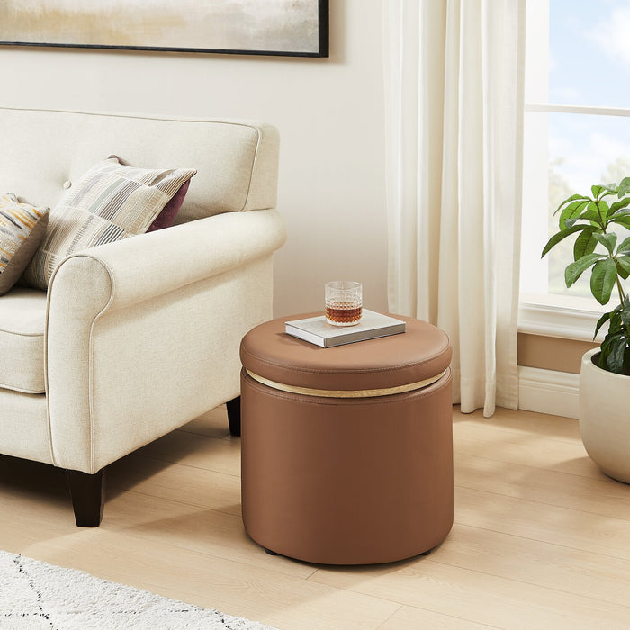 Pouf de rangement rond Manitoba de 18 po - similicuir brun