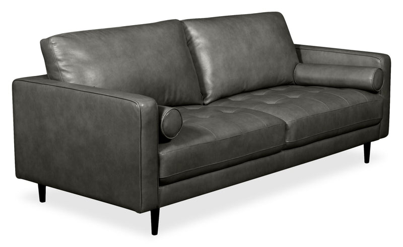 Sofa Edge de 86 po en cuir véritable avec pattes en bois et coussins de dossier amovibles - gris