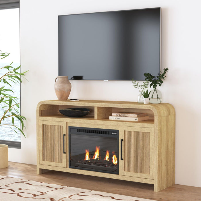 Meuble pour téléviseur Scott Living Lenore de 60 po avec foyer électrique et rangement - naturel