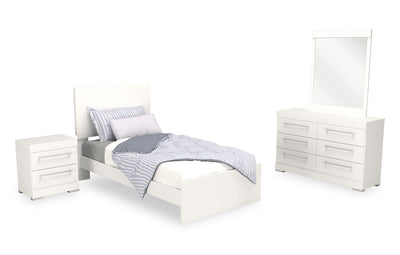 Riley 6pc Bedroom Set with Panel Bed, Dresser, Mirror & Nightstand, Made in Canada, White - Twin Size | Ensemble de chambre à coucher Riley 6 pièces avec lit à panneaux, commode, miroir et table de nuit, fabriqué au Canada, blanc - format lit simple
