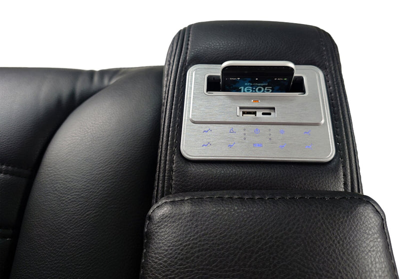 Sofa sectionnel à inclinaison électrique Zen 3 pièces en tissu d’apparence cuir avec massage, console rabattable et compartiment réfrigéré - noir