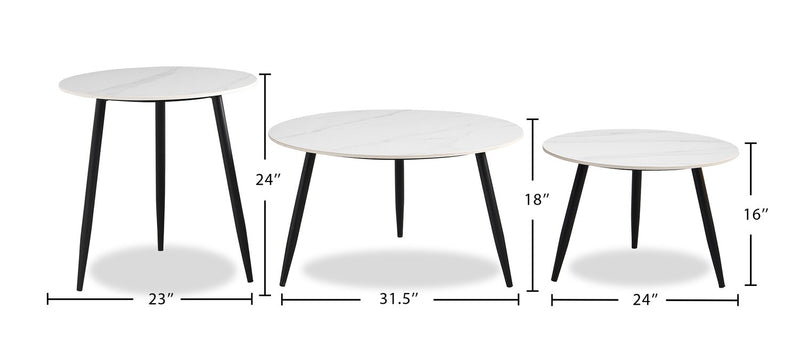 Ensemble 3 tables modernes Delancey de 31,5 po (table à café et 2 tables de bout) - blanc