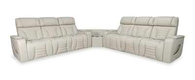 Zen 3-Piece Leather-Look Fabric Power Reclining Sectional with Massage and Two Drop-Down Consoles - Apricot | Sofa sectionnel à inclinaison électrique Zen 3 pièces en tissu d’apparence cuir avec massage et 2 consoles rabattables - abricot