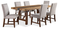 Ensemble de salle à manger Boden 7 pièces avec table de 78 po (L), base à tréteaux et 6 chaises à bordure de clous décoratifs - brun et beige