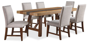 Ensemble de salle à manger Boden 7 pièces avec table de 78 po (L), base à tréteaux et 6 chaises à bordure de clous décoratifs - brun et beige