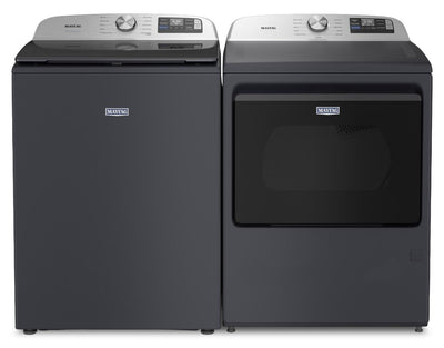 Maytag 6.0 Cu. Ft. Smart Top-Load Washer and 7.4 Cu. Ft. Gas Dryer – Midnight Steel | Laveuse intelligente à chargement par le haut de 6,0 pi3 et sécheuse à gaz de 7,4 pi3 de Maytag - acier minuit
