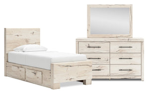 Ensemble de chambre à coucher Derekson 5 pièces blanc rustique avec lit de rangement latéral, commode et miroir - format lit simple