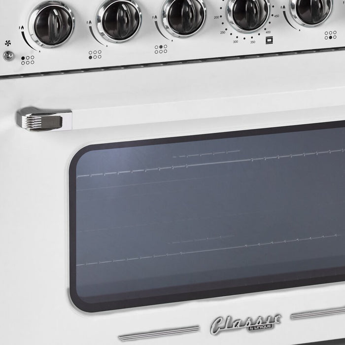 Cuisinière à gaz Classic Rétro par Unique de 36 po et de 5,2 pi3 à 6 brûleurs avec convection - blanc guimauve - UGP-36CR W