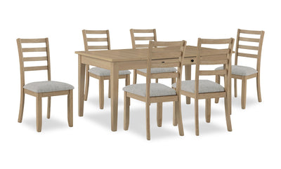 Cove 7pc Dining Table Set with Table & 6 Chairs, Storage Drawers, Melamine, 66"W - Natural/Grey | Ensemble de salle à manger Cove 7 pièces en mélamine avec table de 66 po (L), tiroirs de rangement et 6 chaises - naturel et gris