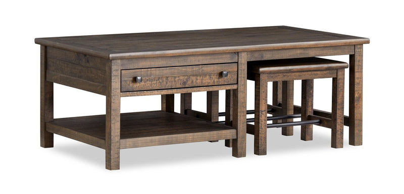 Table à café Edwin de 52 po en pin champêtre avec rangement et tabourets - brun champêtre