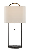 Lampe de table Orbit de 28 po en métal avec recharge sans fil et abat-jour en lin naturel – bronze huilé