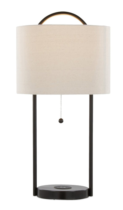 Orbit 28" Metal Table Lamp with Wireless Charging and Natural Linen Shade – Oil Bronze | Lampe de table Orbit de 28 po en métal avec recharge sans fil et abat-jour en lin naturel – bronze huilé