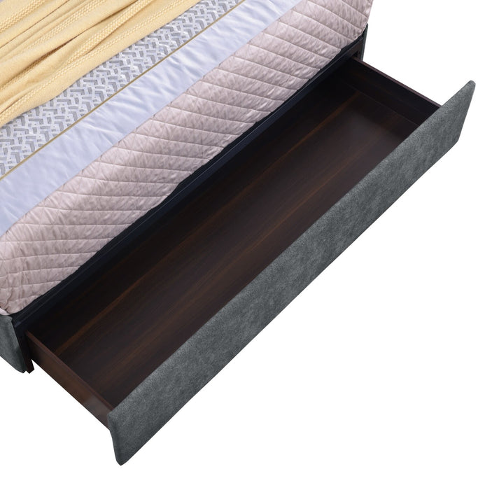 Lit de rangement Amos rembourré en tissu anthracite avec tête de lit capitonnée et 3 tiroirs intégrés - format lit double