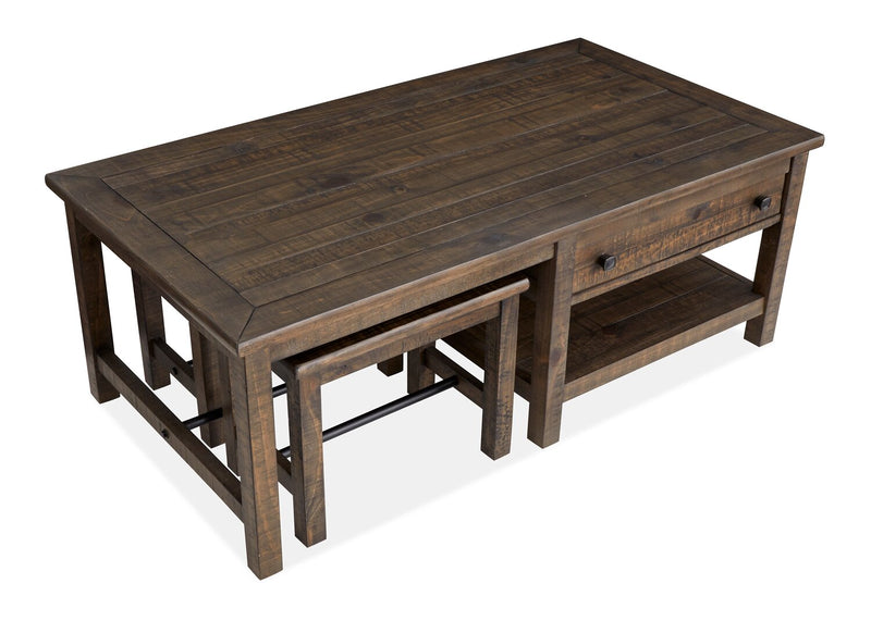 Table à café Edwin de 52 po en pin champêtre avec rangement et tabourets - brun champêtre