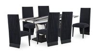 Ensemble de salle à manger Vega 7 pièces avec table de 82 po (L), imitation de marbre, base piédestal et 6 chaises - noir et blanc