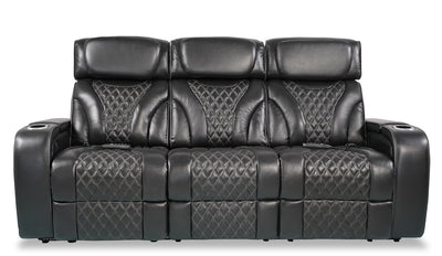 Elite 86" Genuine Leather Massage Power Reclining Sofa with Power Headrests and Storage Arms - Black | Sofa de massage à inclinaison électrique Elite de 86 po en cuir véritable avec appuie-têtes électriques et accoudoirs de rangement - noir