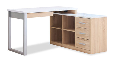 Owen 55" Reversible Corner Office Desk with 4-Drawers & Cubbies – Faux White Marble and Weathered White | Bureau en coin réversible Owen de 55 po avec 4 tiroirs et compartiments - imitation de marbre blanc et blanc vieilli