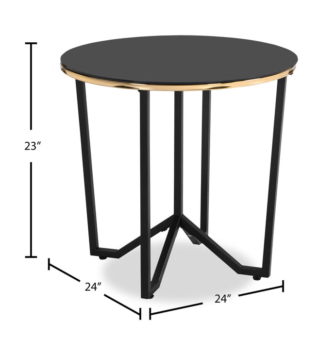 Table de bout ronde moderne Xander de 24 po avec dessus en verre - noire et dorée avec pattes en métal