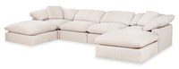 Sofa sectionnel modulaire Eclipse 6 pièces en tissu d’apparence lin avec poufs et coussins réversibles en duvet et plumes - blanc lin
