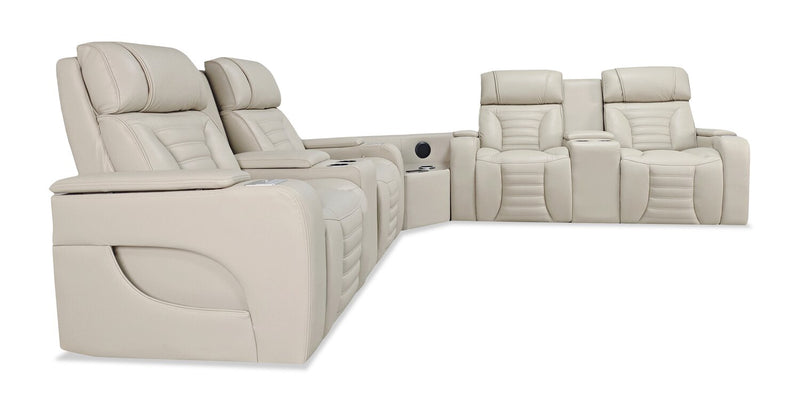 Sofa sectionnel à inclinaison électrique Zen 3 pièces en tissu d’apparence cuir avec massage et 2 consoles avec réfrigérateur - abricot