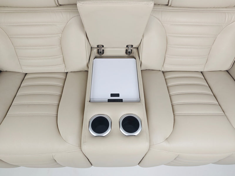 Sofa sectionnel à inclinaison électrique Zen 3 pièces en tissu d’apparence cuir avec massage et 2 consoles avec réfrigérateur - abricot