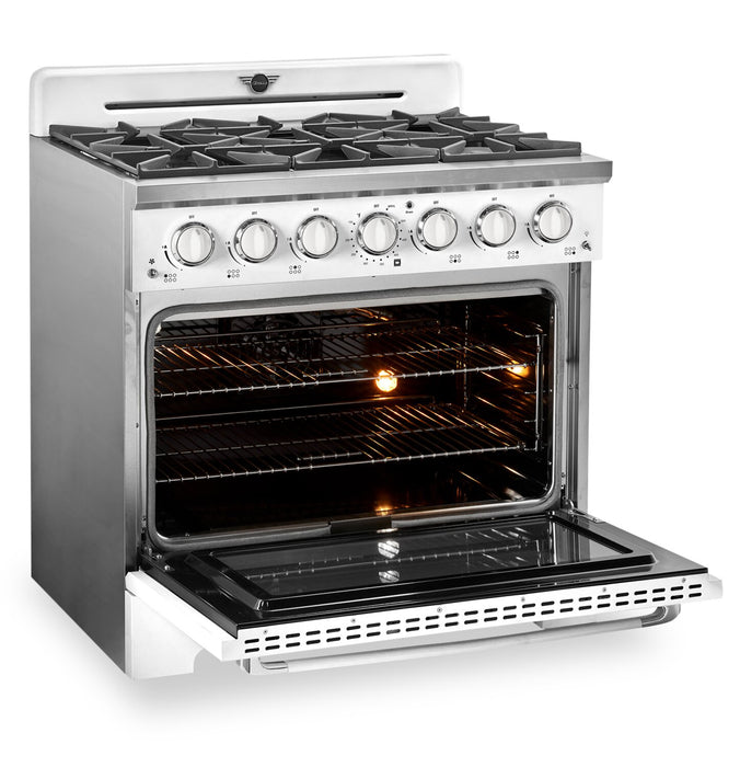 Cuisinière à gaz Classic Rétro par Unique de 36 po et de 5,2 pi3 à 6 brûleurs avec convection - blanc guimauve - UGP-36CR W