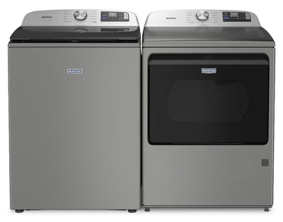 Maytag 6.0 Cu. Ft. Smart Top-Load Washer and 7.4 Cu. Ft. Gas Dryer – Radiant Silver | Laveuse intelligente à chargement par le haut de 6,0 pi3 et sécheuse à gaz de 7,4 pi3 de Maytag - argenté radieux