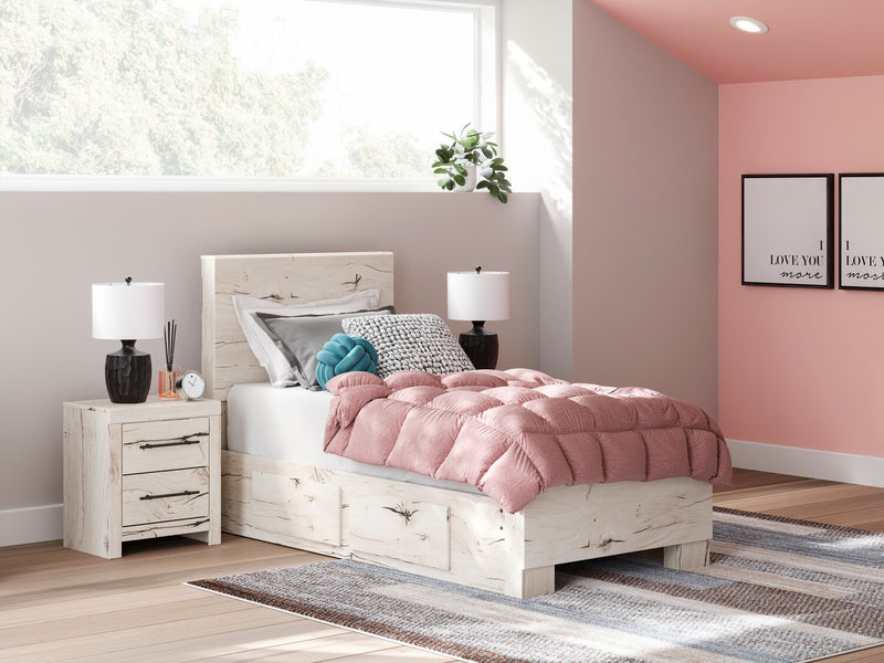 Ensemble de chambre à coucher Derekson 6 pièces blanc rustique avec lit de rangement latéral, commode, miroir et table de nuit - format lit simple