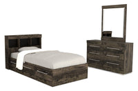 Ensemble lit matelot Riley 5 pièces avec tête de lit bibliothèque, commode et miroir, gris - format lit simple