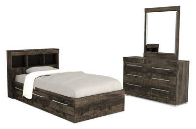 Riley Mates Bed 5pc Set with Bookcase Headboard, Dresser & Mirror, Grey - Twin Size | Ensemble lit matelot Riley 5 pièces avec tête de lit bibliothèque, commode et miroir, gris - format lit simple