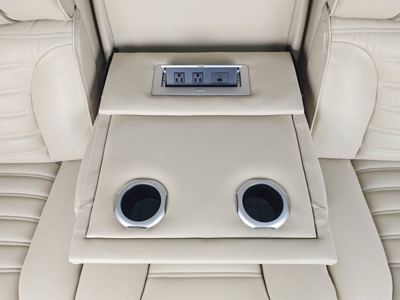 Sofa de massage à inclinaison électrique Zen de 86 po en tissu d’apparence cuir avec appuie-têtes électriques et console rabattable - abricot