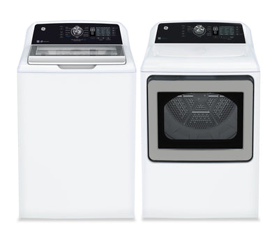 GE 5.3 Cu. Ft. Top Load Washer and 7.4 Cu. Ft. Gas Dryer - White | Laveuse à chargement par le haut de 5,3 pi3 et sécheuse à gaz de 7,4 pi3 de GE - blanches
