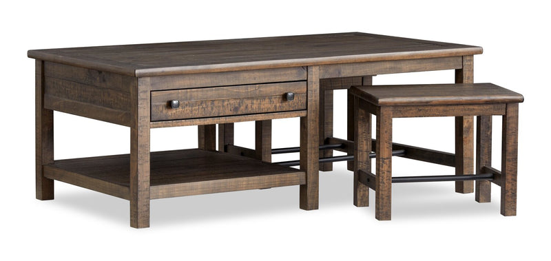 Table à café Edwin de 52 po en pin champêtre avec rangement et tabourets - brun champêtre