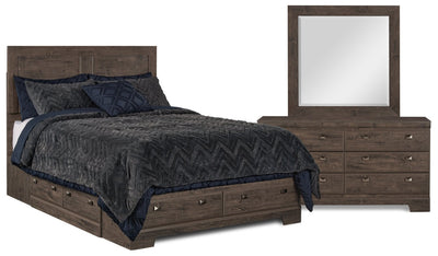 Yorkdale 5pc Bedroom Set with 6-Drawer Storage Bed, Dresser & Mirror, Grey - Full Size | Ensemble de chambre à coucher Yorkdale 5 pièces avec lit de rangement à 6 tiroirs, commode et miroir…