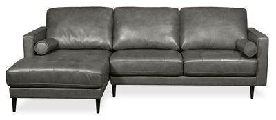 Edge 2-Piece Left-Facing Genuine Leather Sectional with Wood Legs and Removable Back Cushions - Grey | Sofa sectionnel de gauche Edge 2 pièces en cuir véritable avec pattes en bois et coussins de dossier amovibles - gris