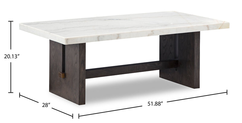 Table à café Warwick de 52 po en bois massif et en marbre - blanche et chêne brun