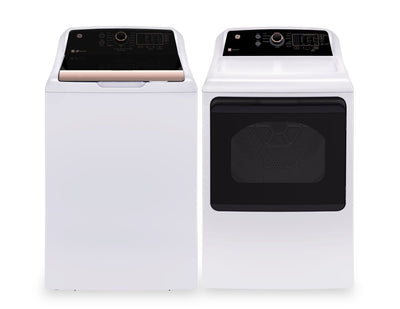 GE 5.3 Cu. Ft. Top Load Washer and 7.4 Cu. Ft. Electric Dryer - White and Rose Gold | Laveuse à chargement par le haut de 5,3 pi3 et sécheuse électrique de 7,4 pi3 de GE - blanches et or rose